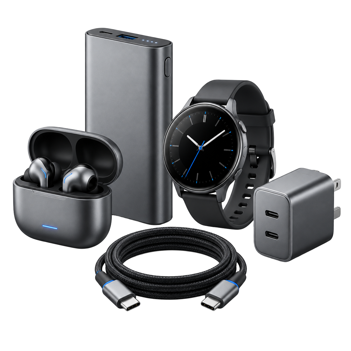 Premium tech accessories including earbuds, charger, power bank and smartwatch
